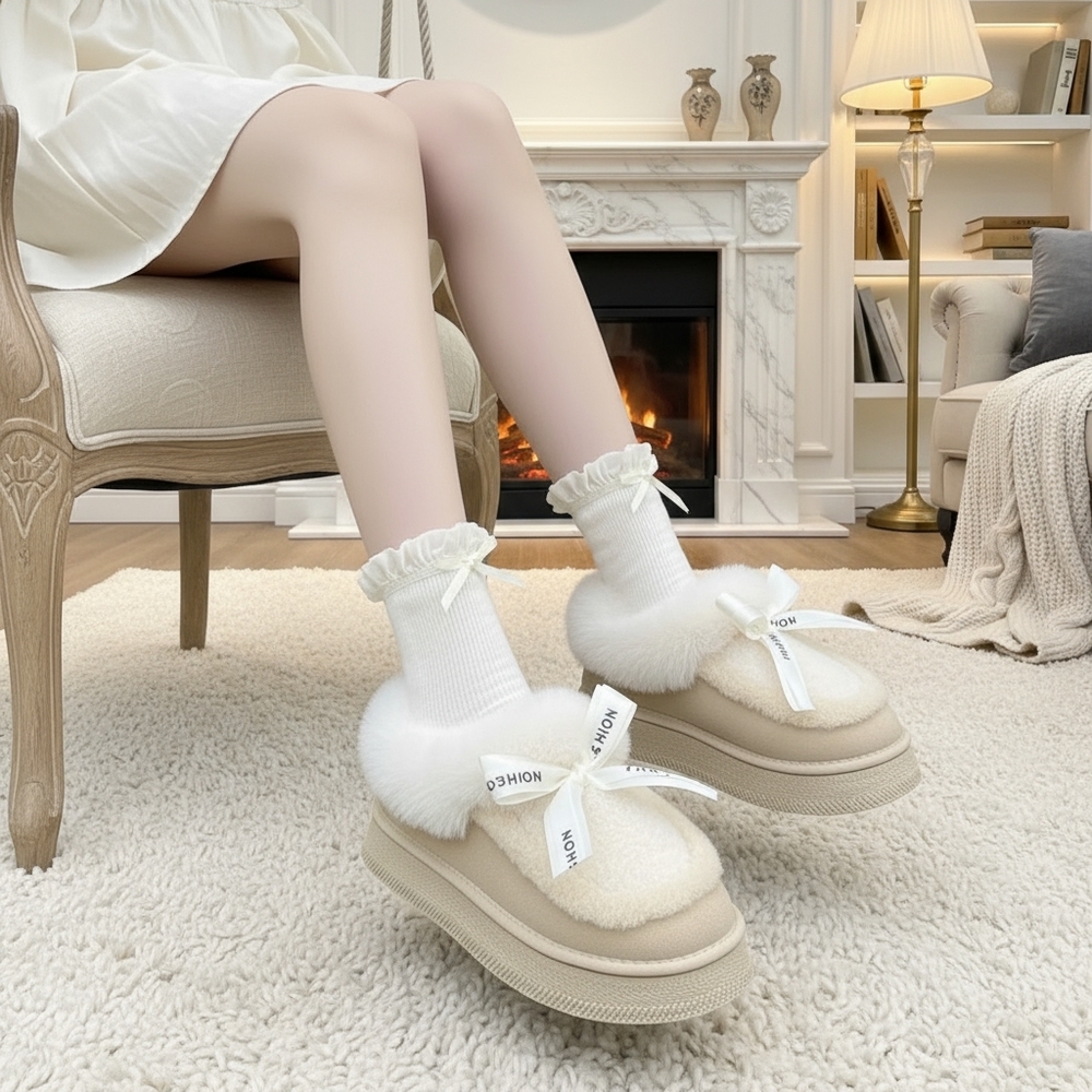 Plush Faux Fur Platform Chunky Bow Slipper Ankle Boots Fuzzy Slip-on Lug Shoes